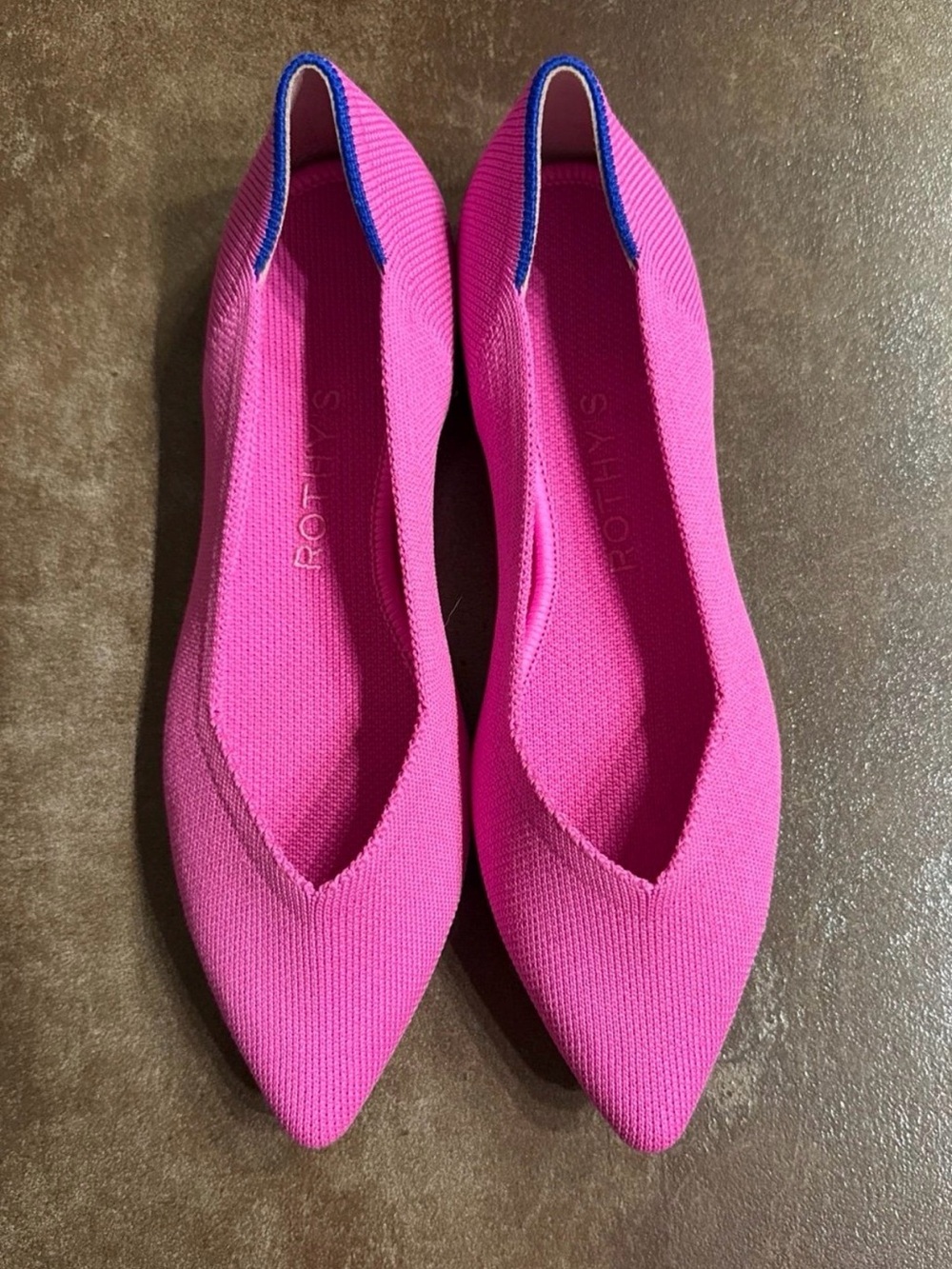 Rothy's Pointed Knit Flat in Bright Pink with Blue Trim